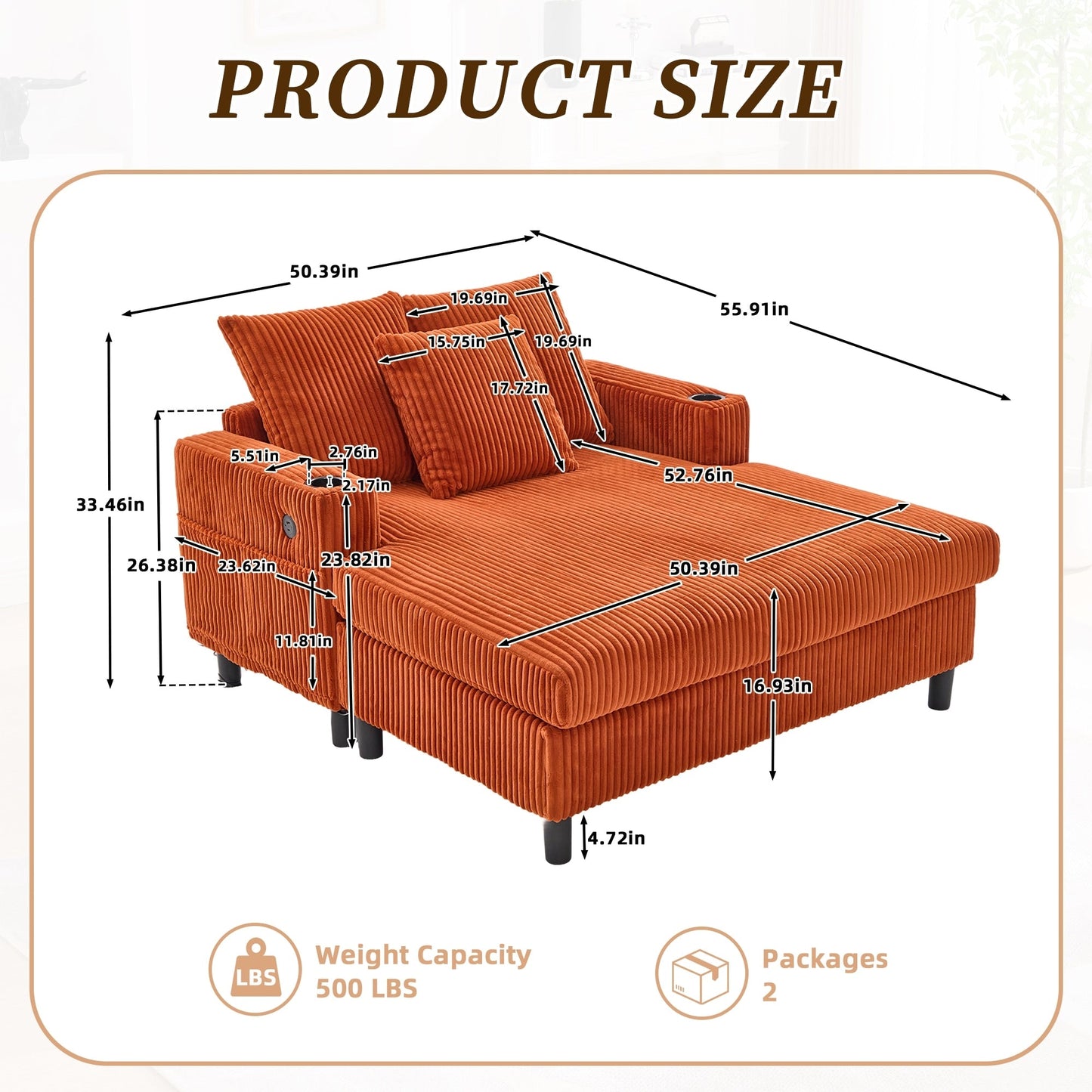 Canapé-lit inclinable surdimensionné HOMEFUN en velours côtelé avec éclairage LED RVB, porte-gobelet, port USB et 3 oreillers