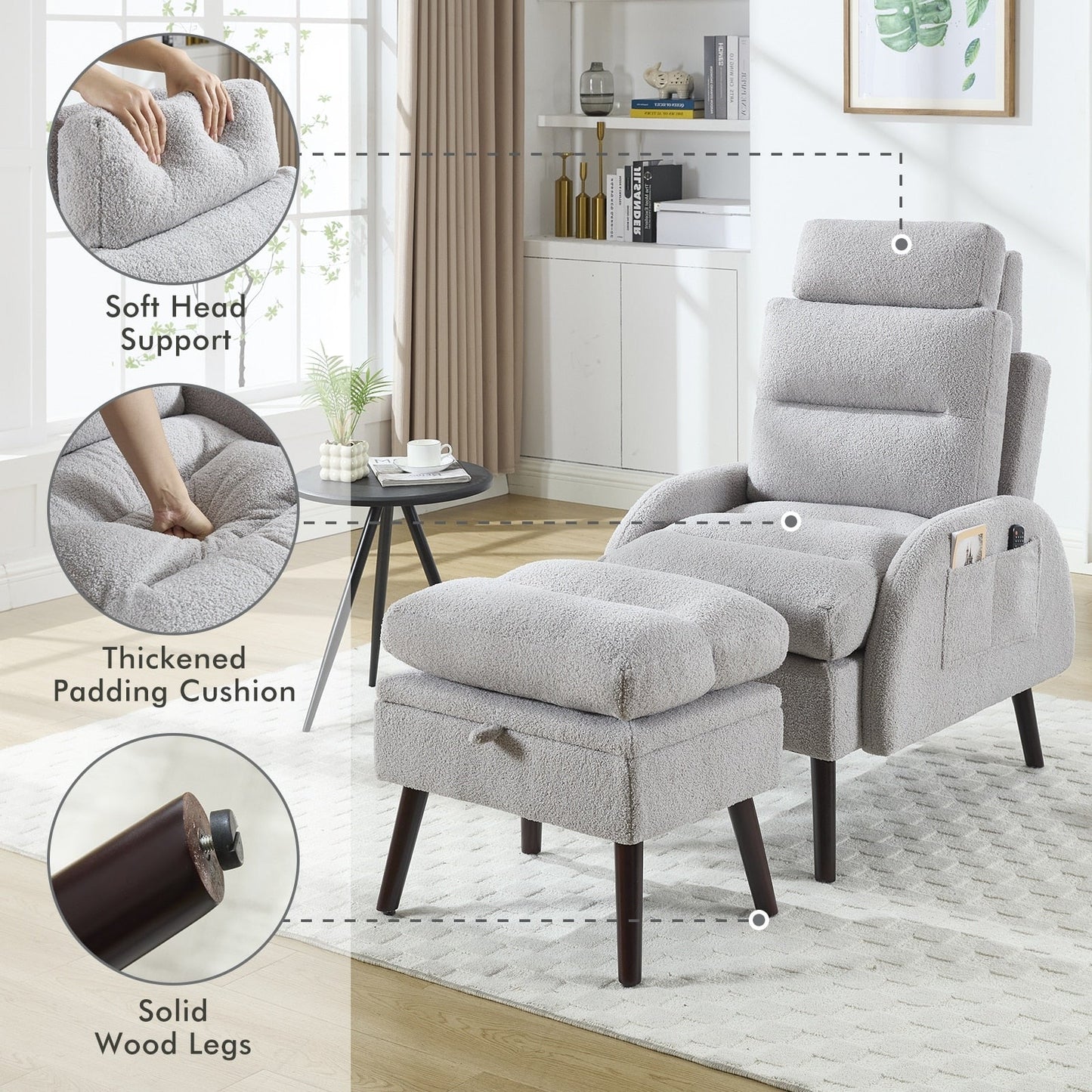 Fauteuil d'appoint HOMYKA avec dossier réglable et pouf de rangement