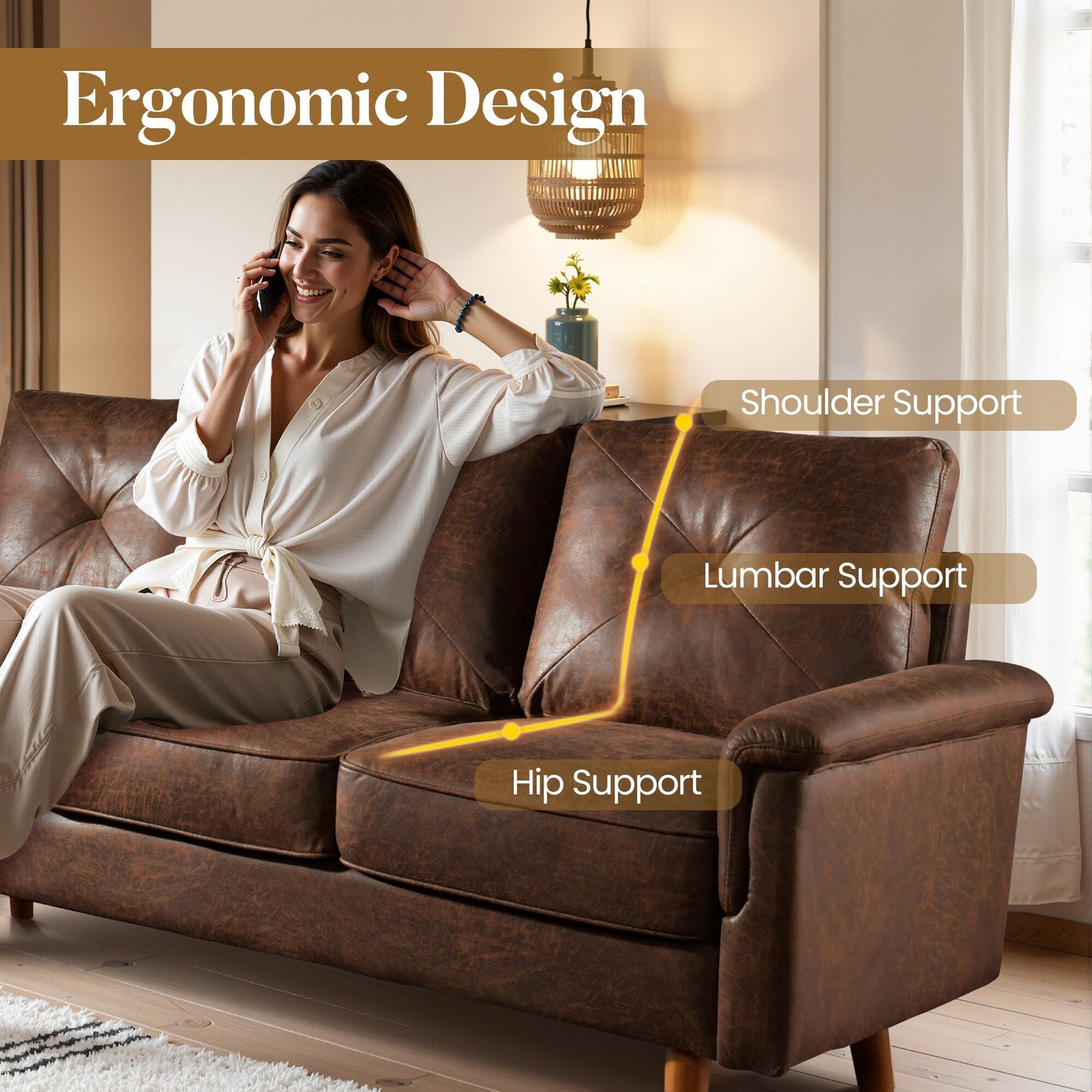 Canapé 3 places rembourré HOOOWOOO style milieu de siècle avec pieds en bois pour salon