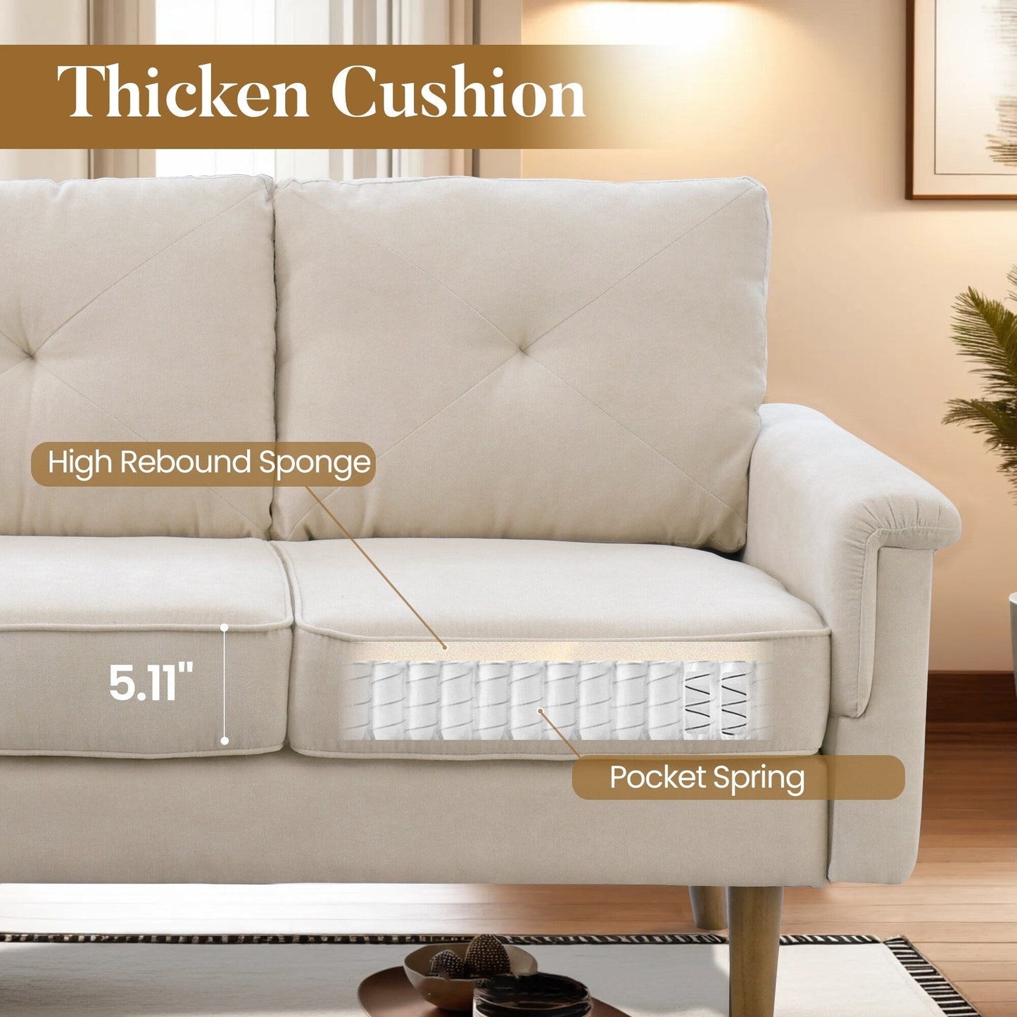 Canapé 3 places rembourré HOOOWOOO style milieu de siècle avec pieds en bois pour salon