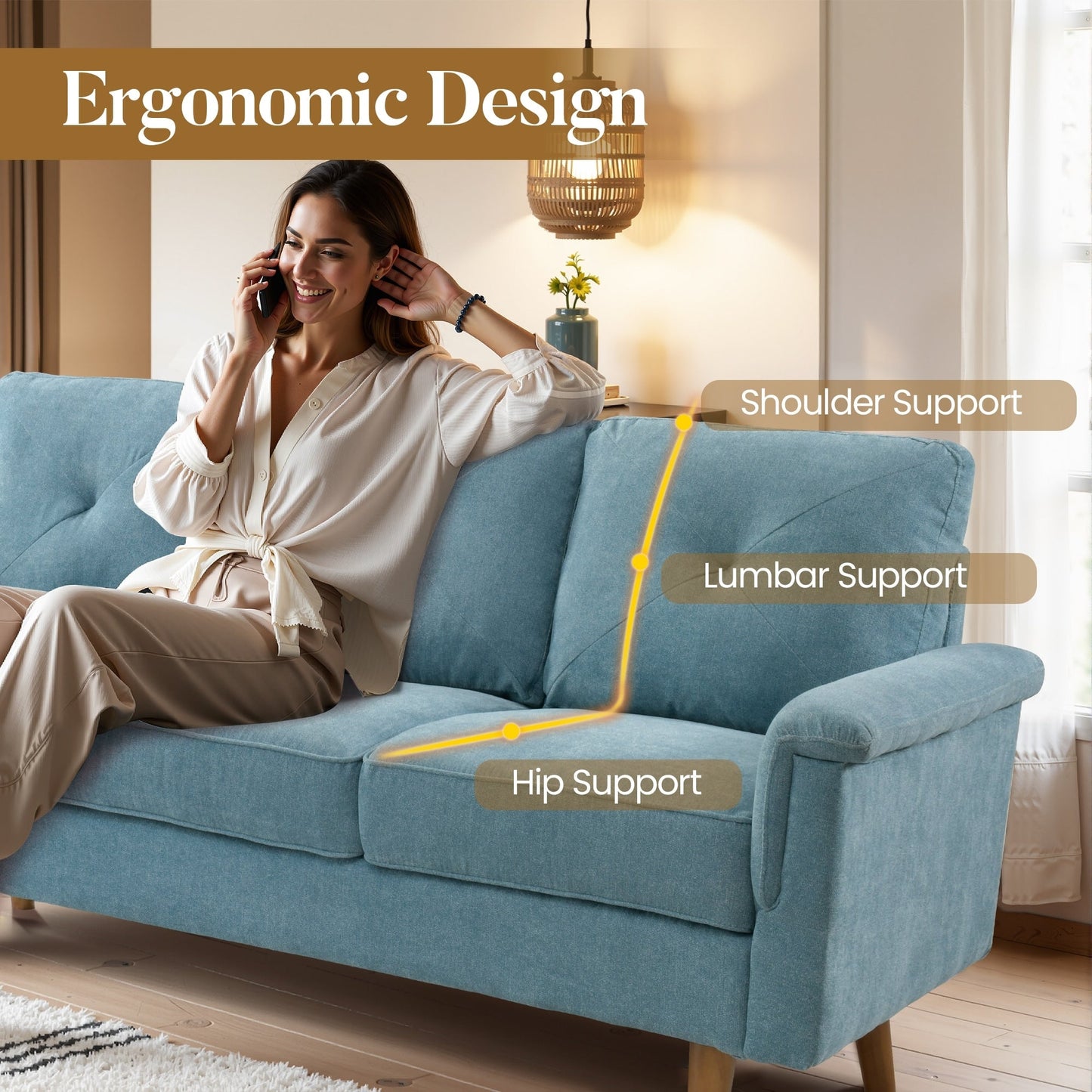 Canapé 3 places rembourré HOOOWOOO style milieu de siècle avec pieds en bois pour salon