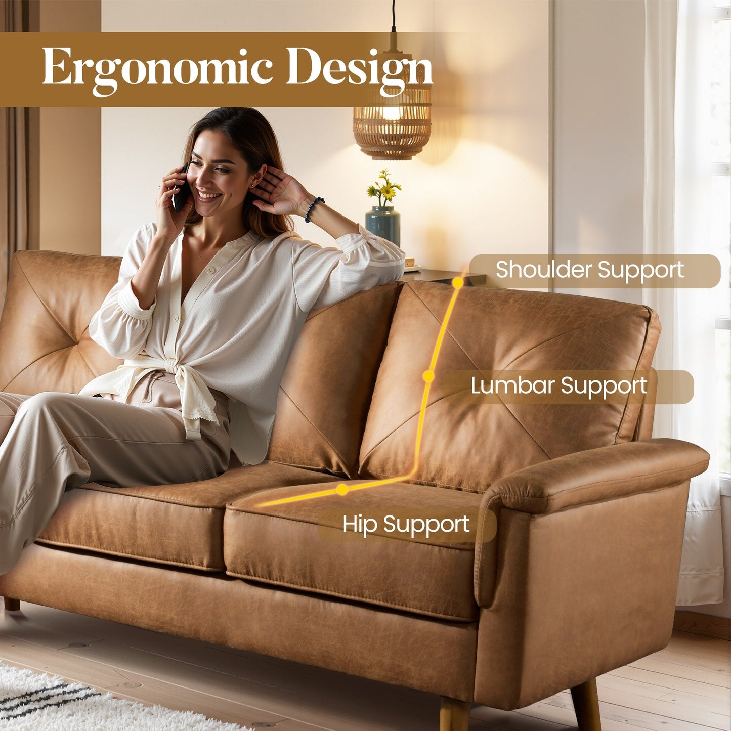 Canapé 3 places rembourré HOOOWOOO style milieu de siècle avec pieds en bois pour salon