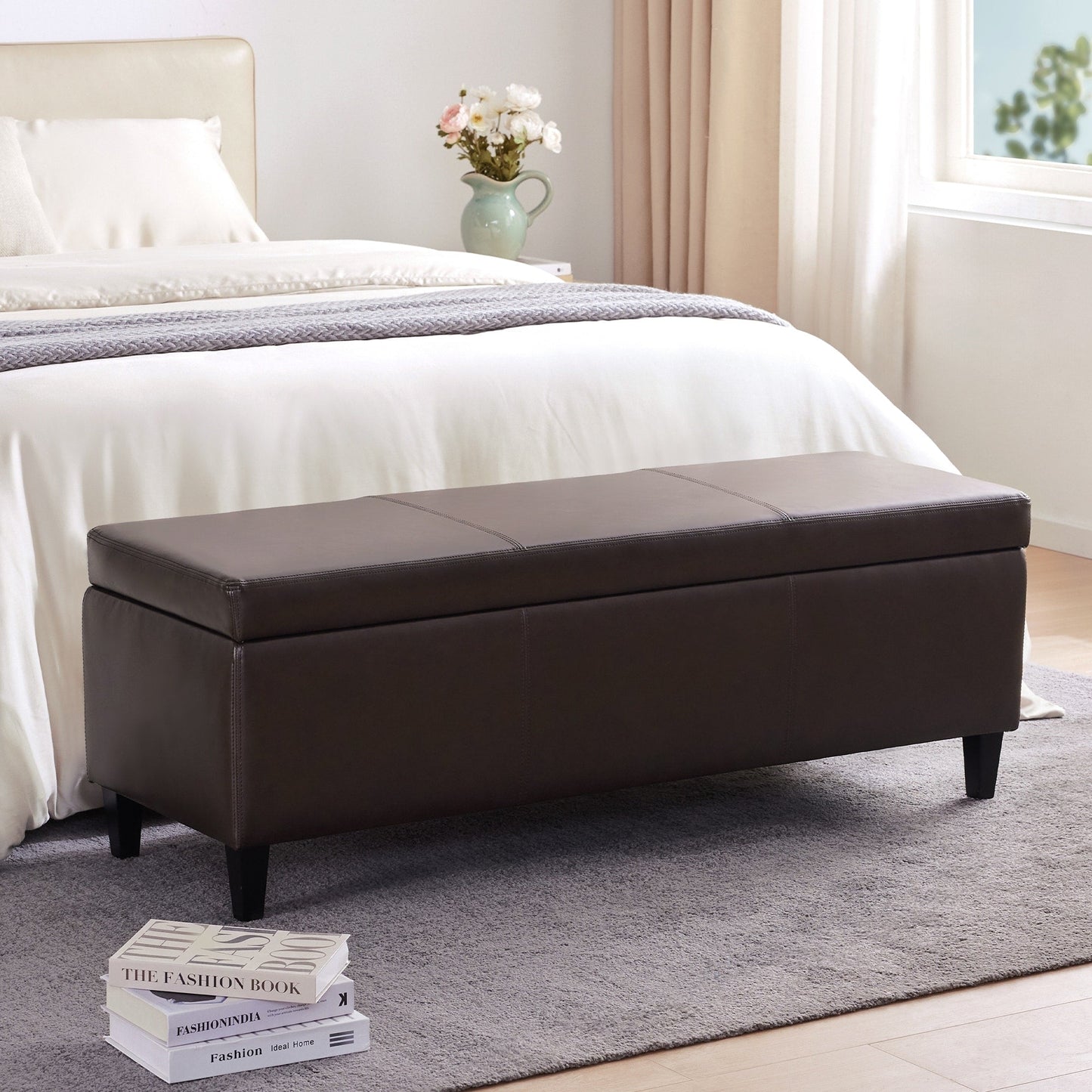 Pouf de rangement rectangulaire rembourré en similicuir (50,3 x 17,50 x 18 po)