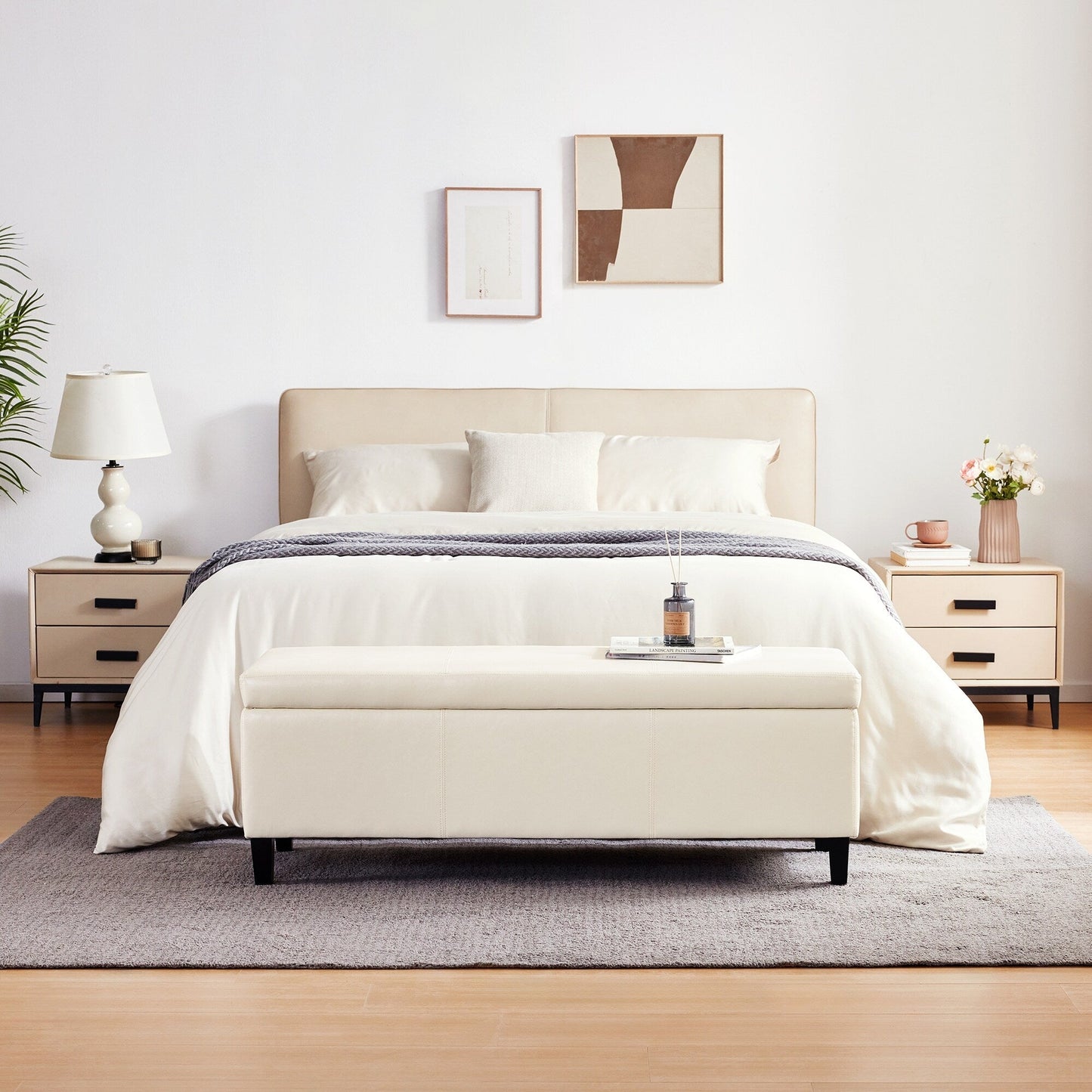 Pouf de rangement rectangulaire rembourré en similicuir (50,3 x 17,50 x 18 po)