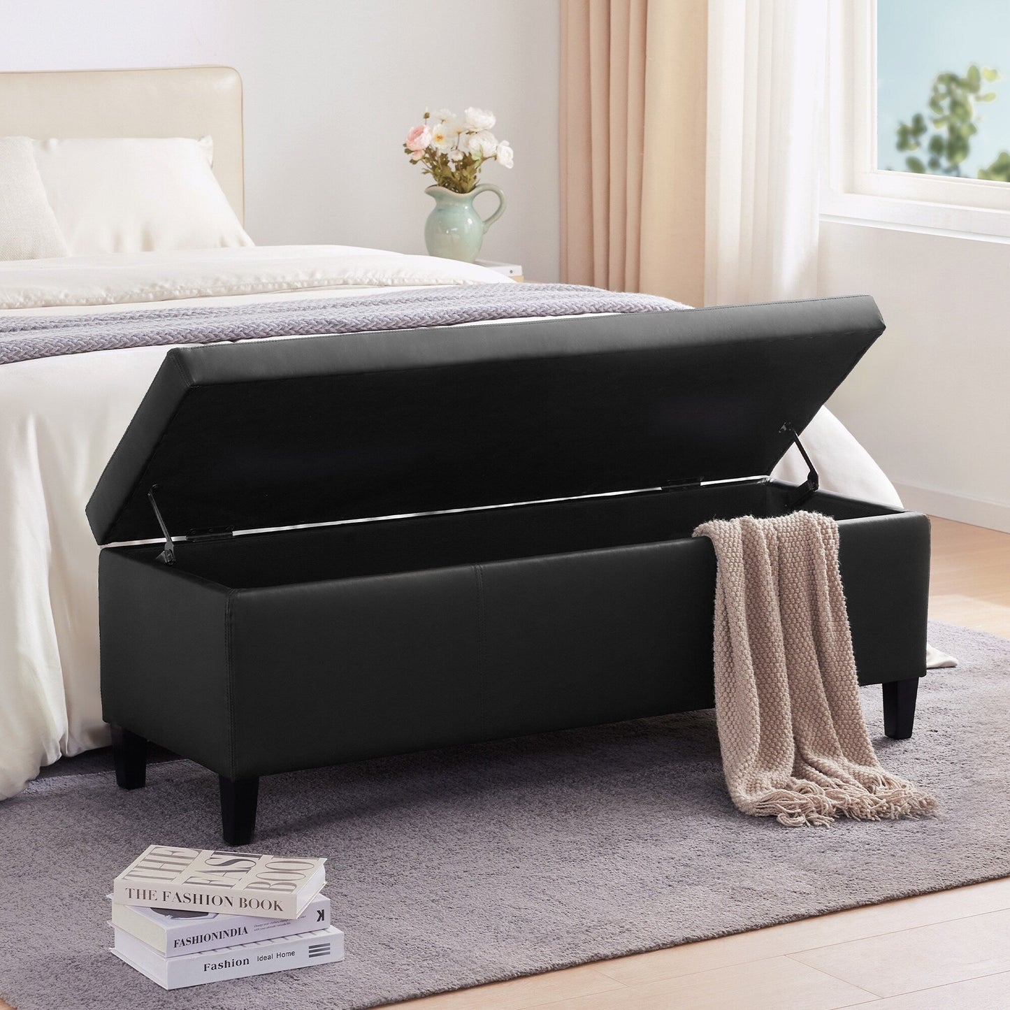 Pouf de rangement rectangulaire rembourré en similicuir (50,3 x 17,50 x 18 po)