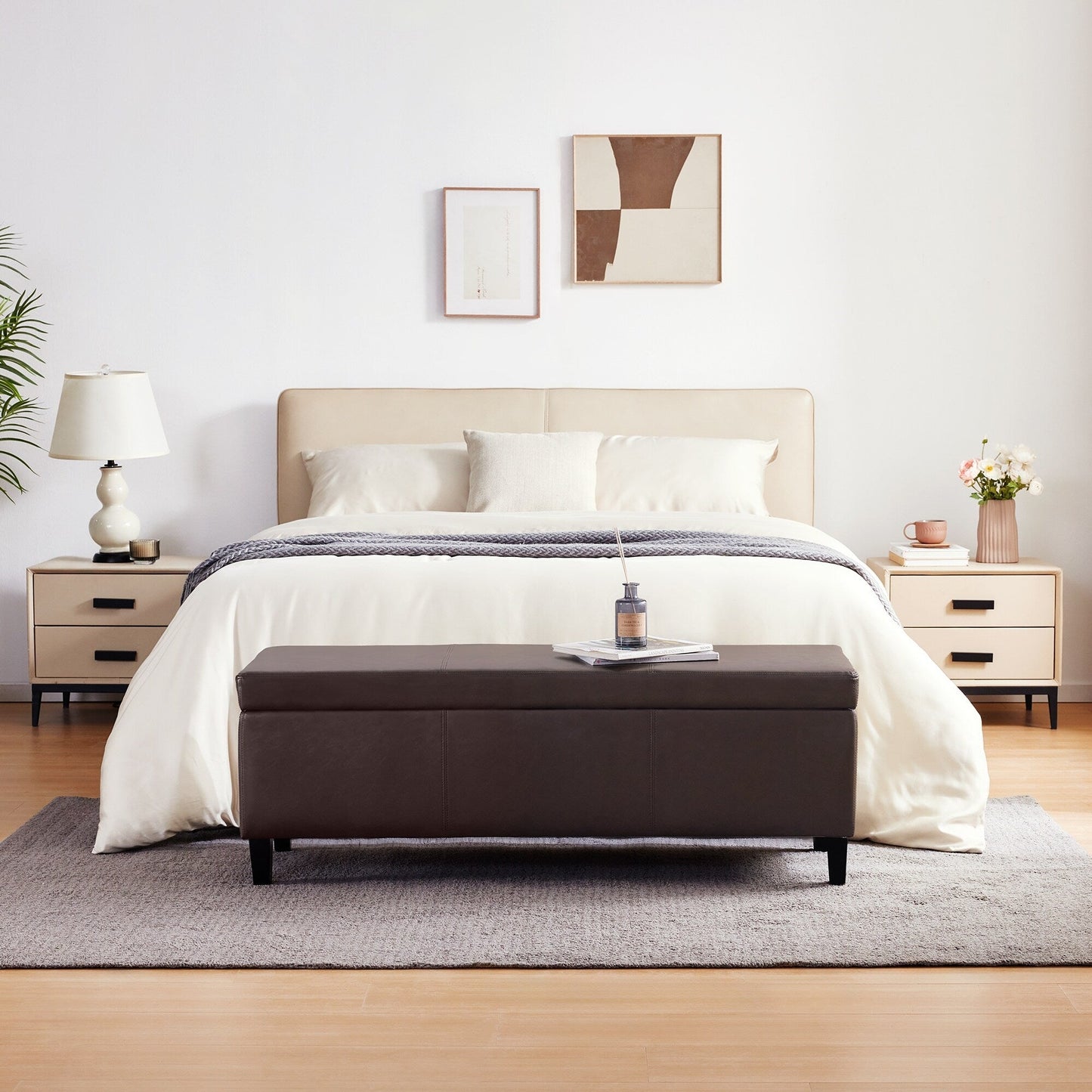 Pouf de rangement rectangulaire rembourré en similicuir (50,3 x 17,50 x 18 po)