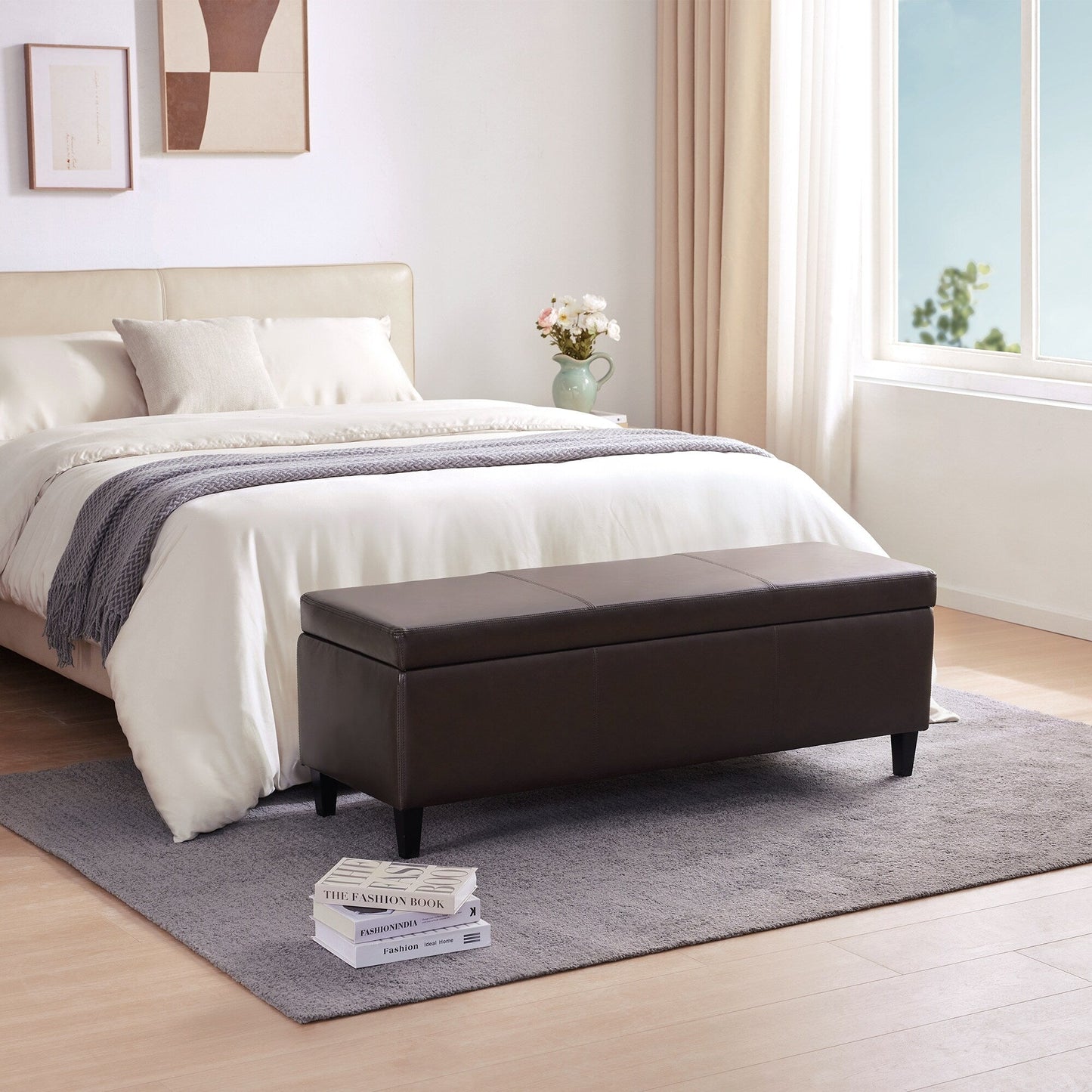 Pouf de rangement rectangulaire rembourré en similicuir (50,3 x 17,50 x 18 po)