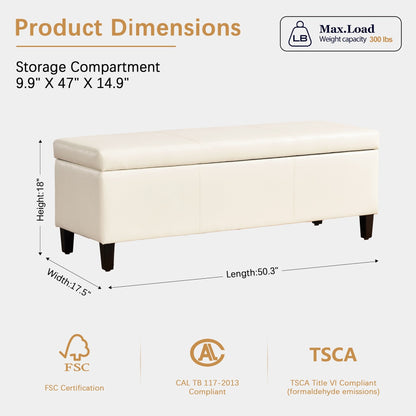 Pouf de rangement rectangulaire rembourré en similicuir (50,3 x 17,50 x 18 po)