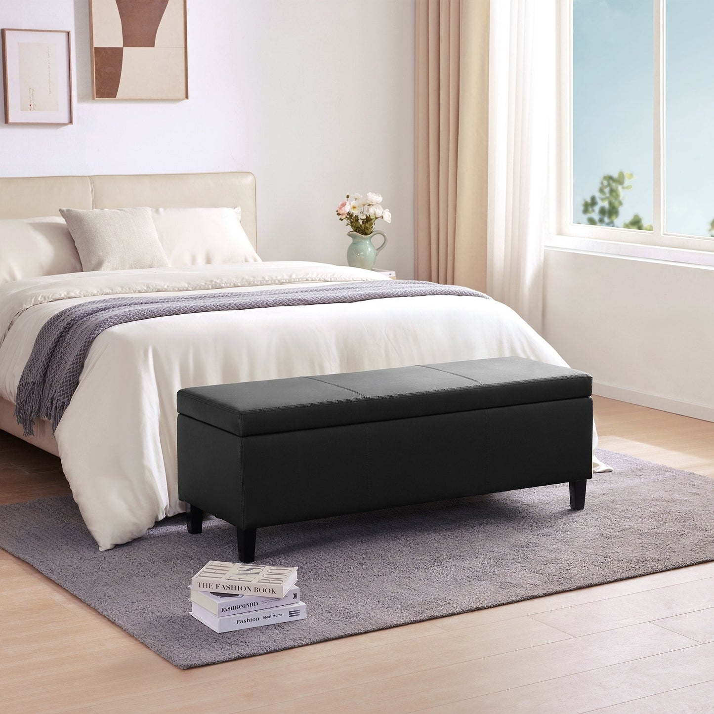 Pouf de rangement rectangulaire rembourré en similicuir (50,3 x 17,50 x 18 po)