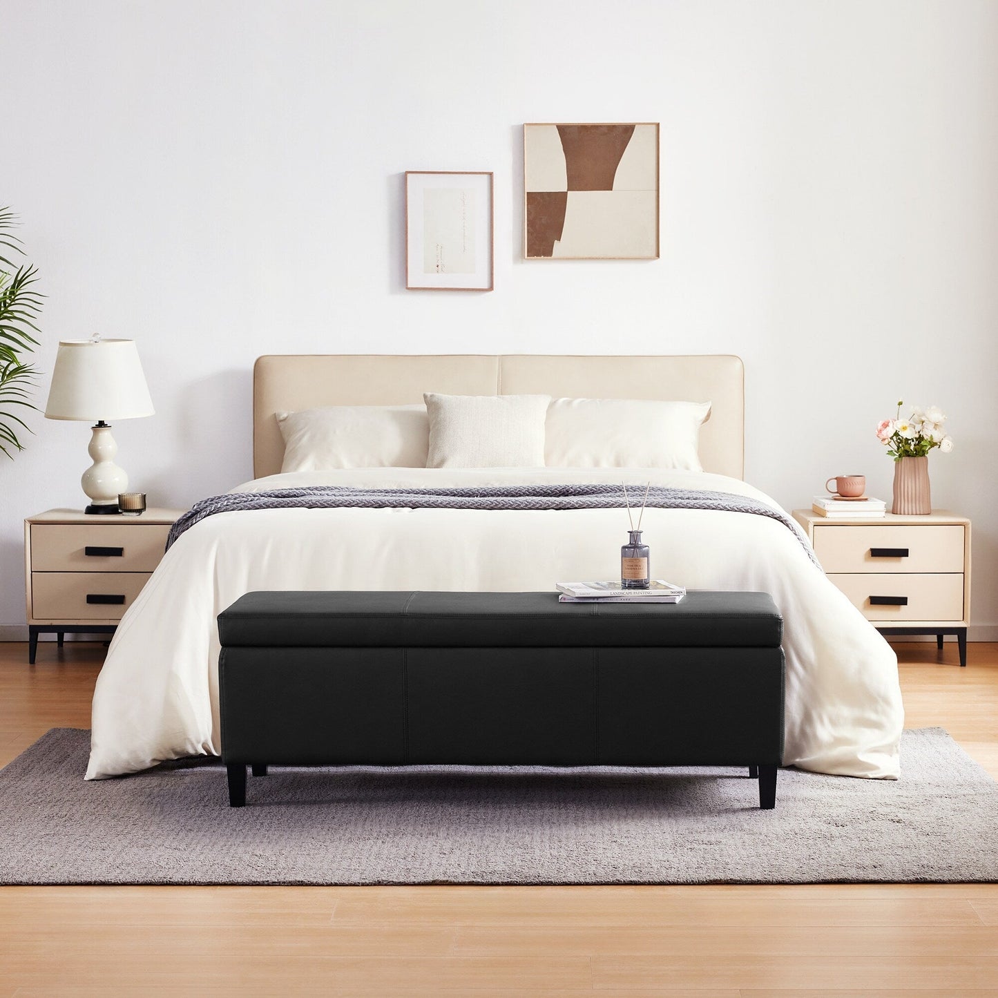 Pouf de rangement rectangulaire rembourré en similicuir (50,3 x 17,50 x 18 po)