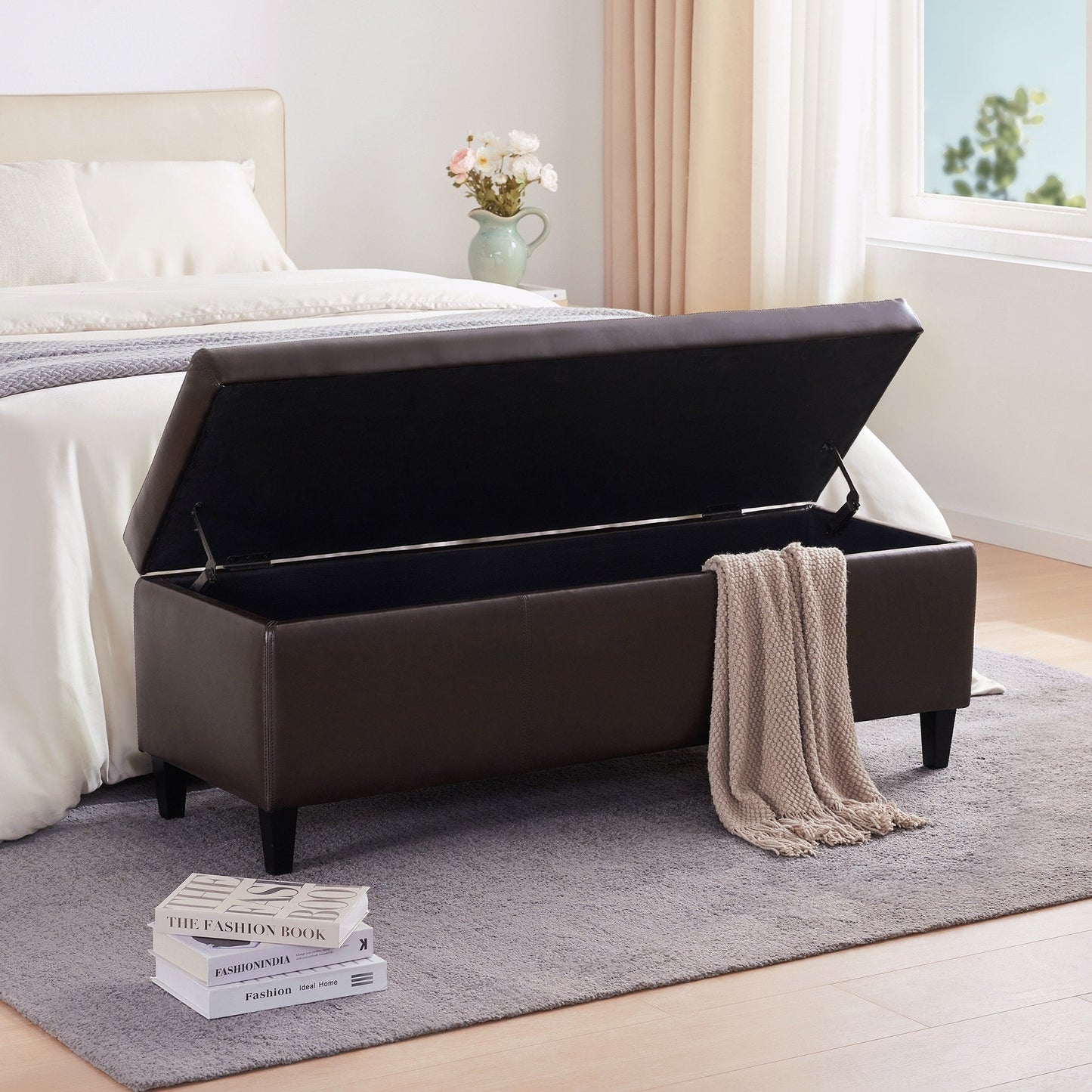 Pouf de rangement rectangulaire rembourré en similicuir (50,3 x 17,50 x 18 po)