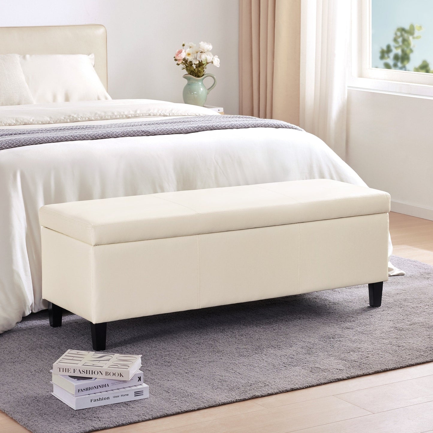 Pouf de rangement rectangulaire rembourré en similicuir (50,3 x 17,50 x 18 po)