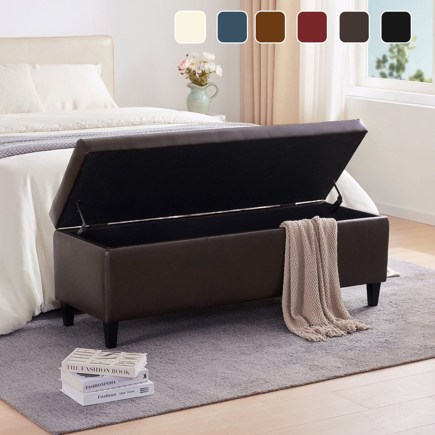 Pouf de rangement rectangulaire rembourré en similicuir (50,3 x 17,50 x 18 po)