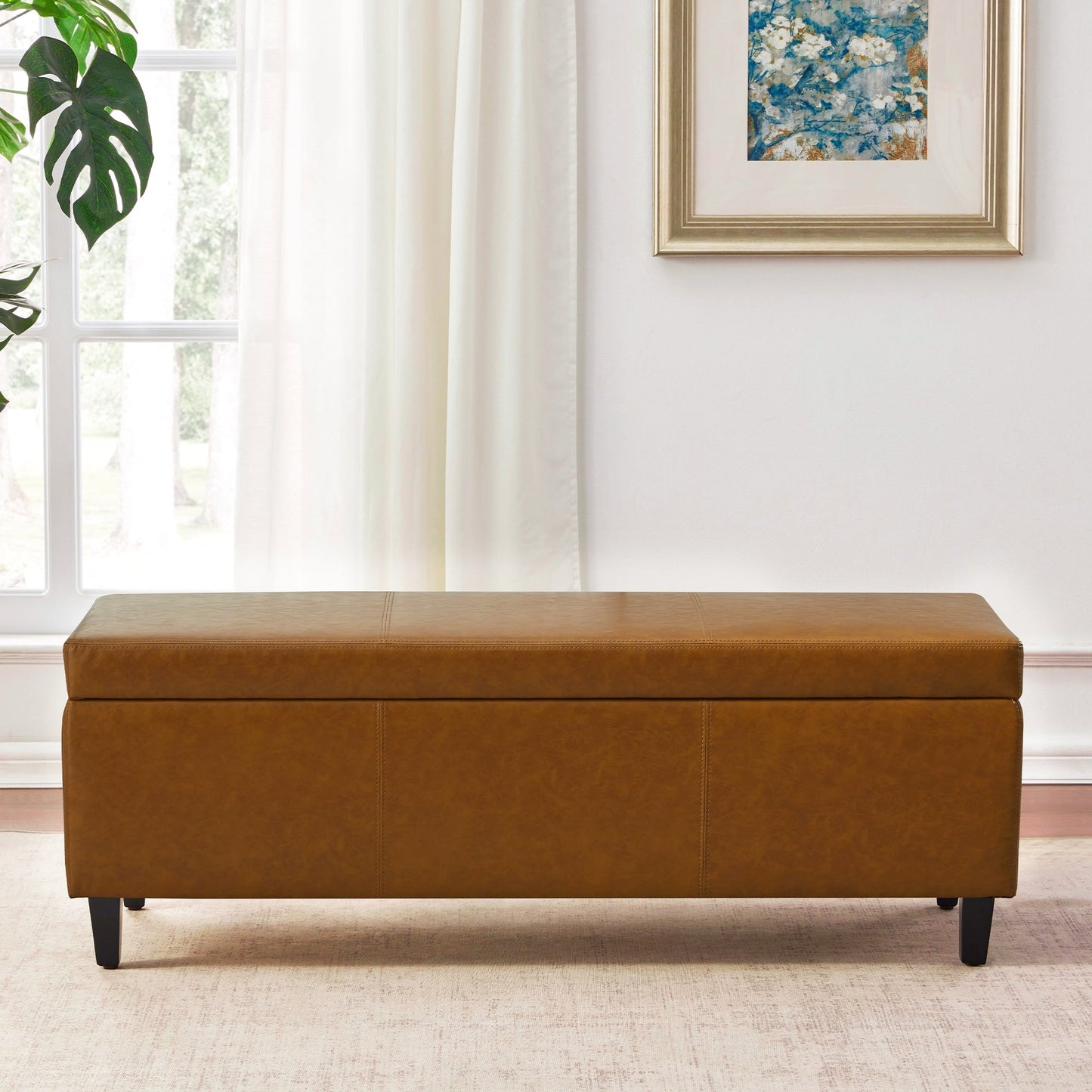 Pouf de rangement rectangulaire rembourré en similicuir (50,3 x 17,50 x 18 po)