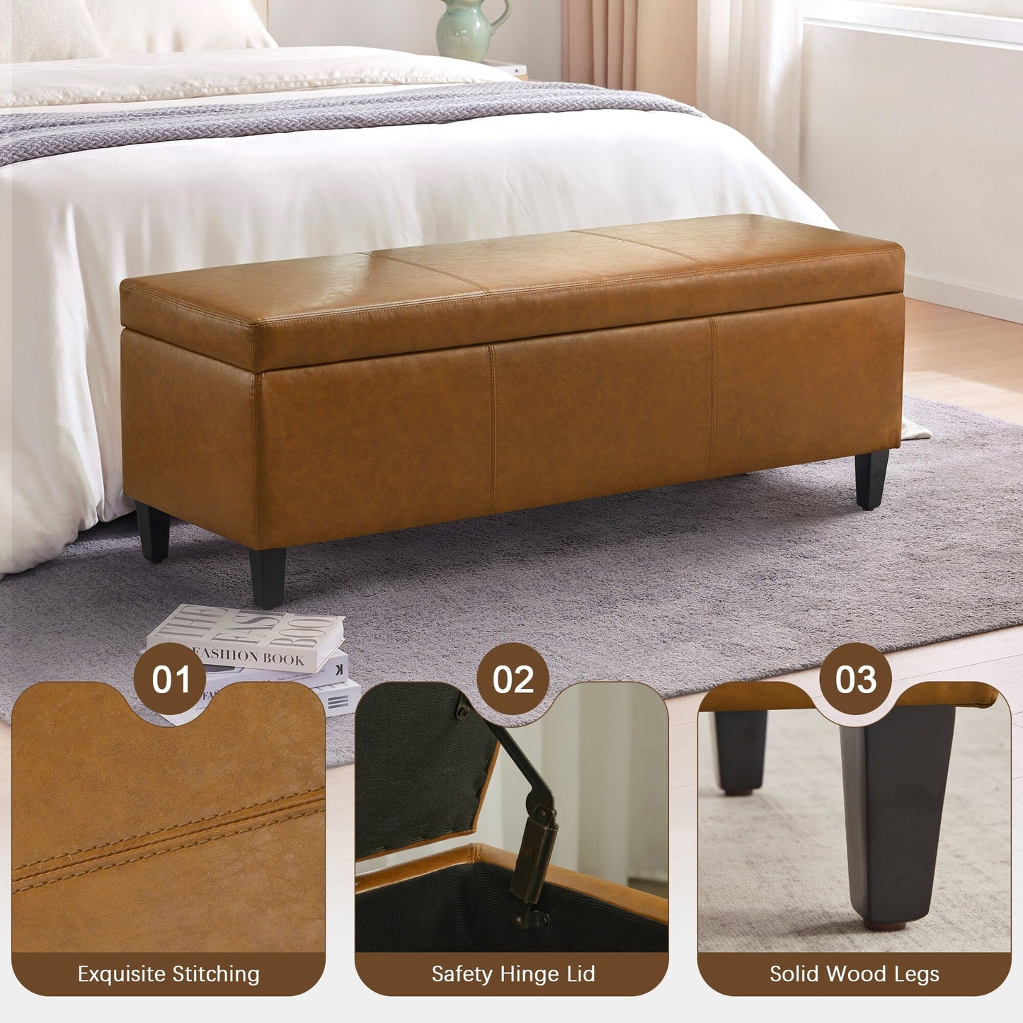 Pouf de rangement rectangulaire rembourré en similicuir (50,3 x 17,50 x 18 po)