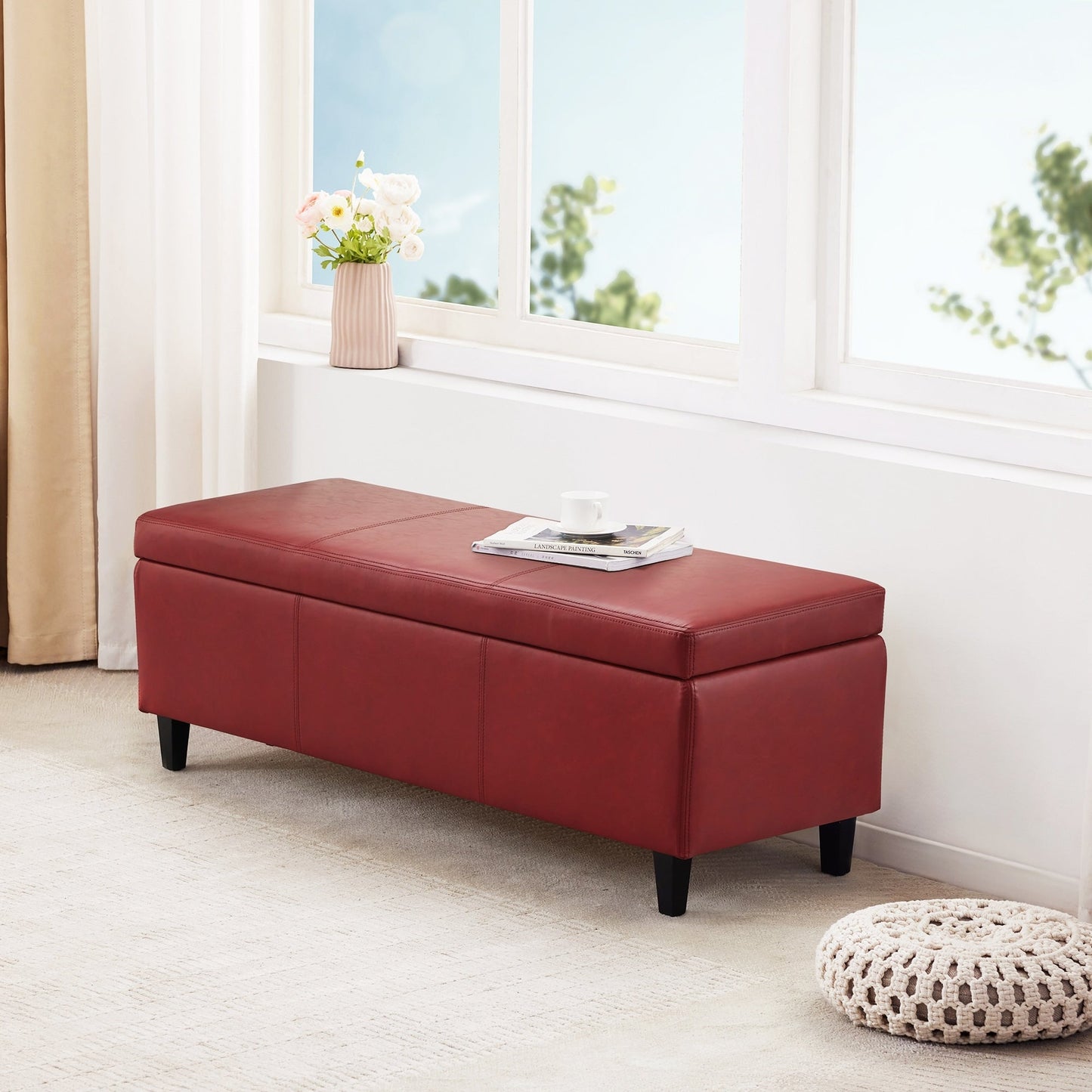 Pouf de rangement rectangulaire rembourré en similicuir (50,3 x 17,50 x 18 po)