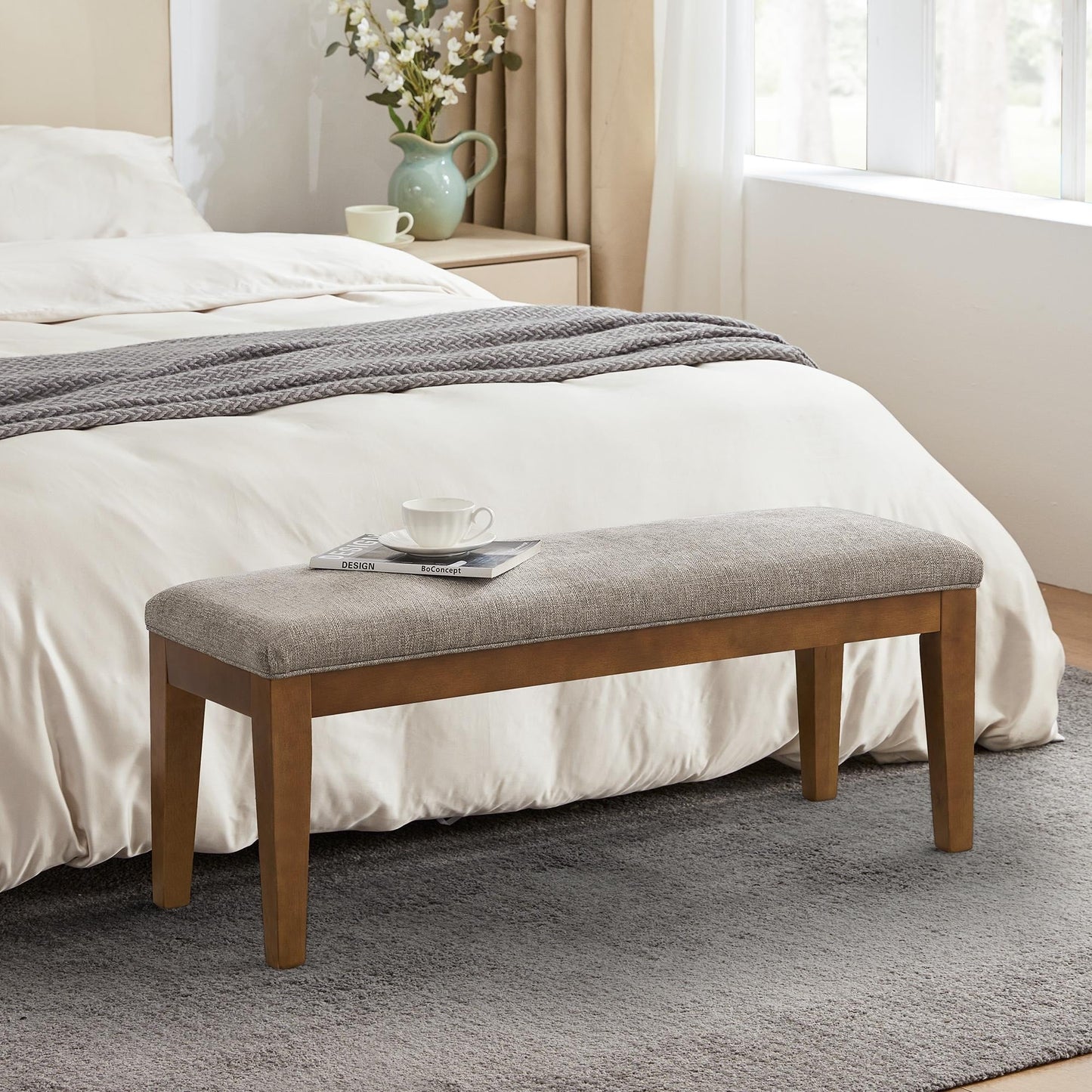 Banc d'entrée rembourré en tissu, banc de chambre pour bout de lit, beige, bois massif, 44 pouces