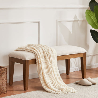 Banc d'entrée rembourré en tissu, banc de chambre pour bout de lit, beige, bois massif, 44 pouces