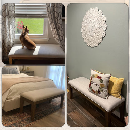 Banc d'entrée rembourré en tissu, banc de chambre pour bout de lit, beige, bois massif, 44 pouces