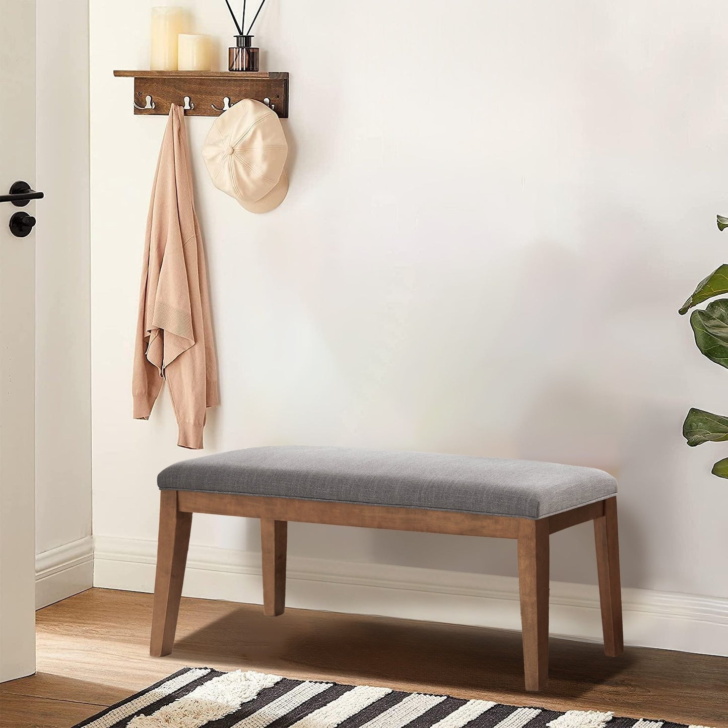 Banc d'entrée rembourré en tissu, banc de chambre pour bout de lit, beige, bois massif, 44 pouces