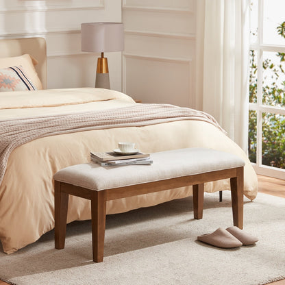 Banc d'entrée rembourré en tissu, banc de chambre pour bout de lit, beige, bois massif, 44 pouces
