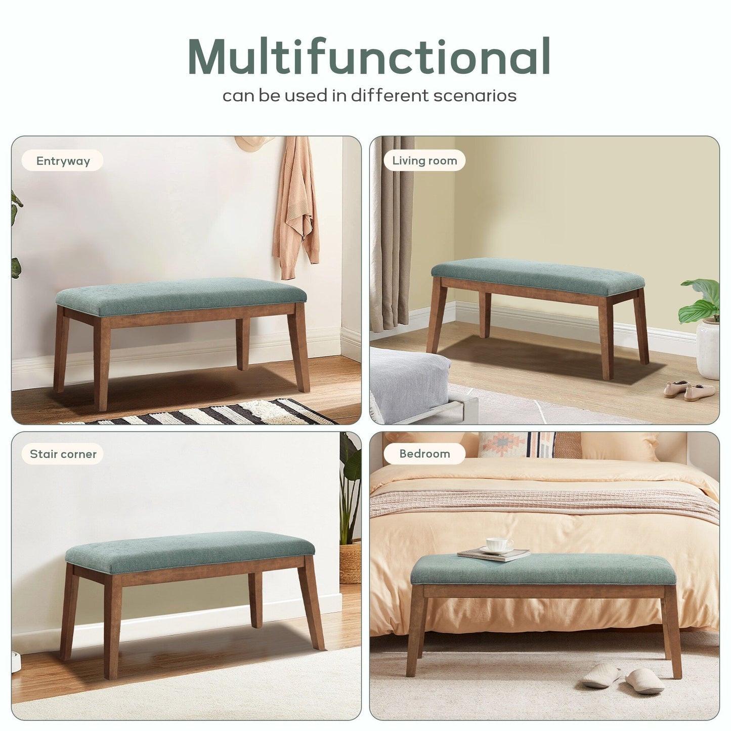 Banc d'entrée rembourré en tissu, banc de chambre pour bout de lit, beige, bois massif, 44 pouces