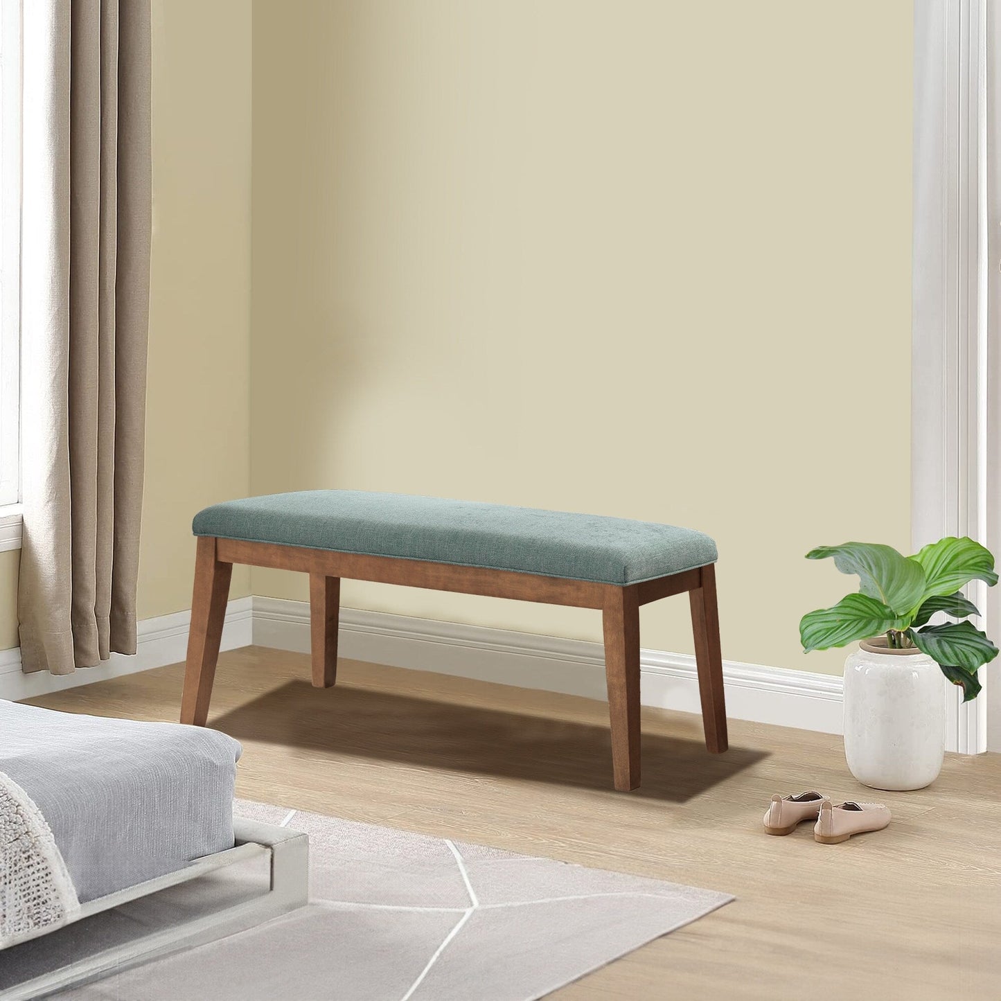 Banc d'entrée rembourré en tissu, banc de chambre pour bout de lit, beige, bois massif, 44 pouces