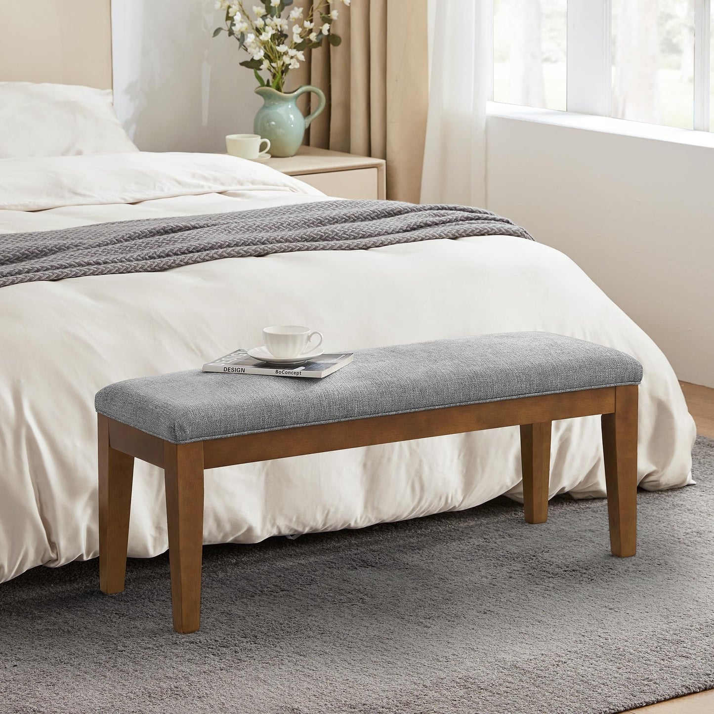 Banc d'entrée rembourré en tissu, banc de chambre pour bout de lit, beige, bois massif, 44 pouces