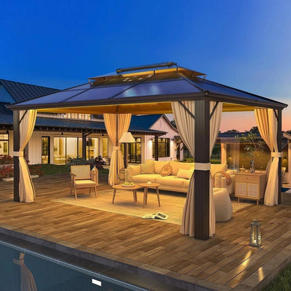 Gazebo à toit rigide EROMMY, pergola d'extérieur avec double toit, filet et rideaux, auvent robuste pour patio, arrière-cour, fête au bord de la piscine