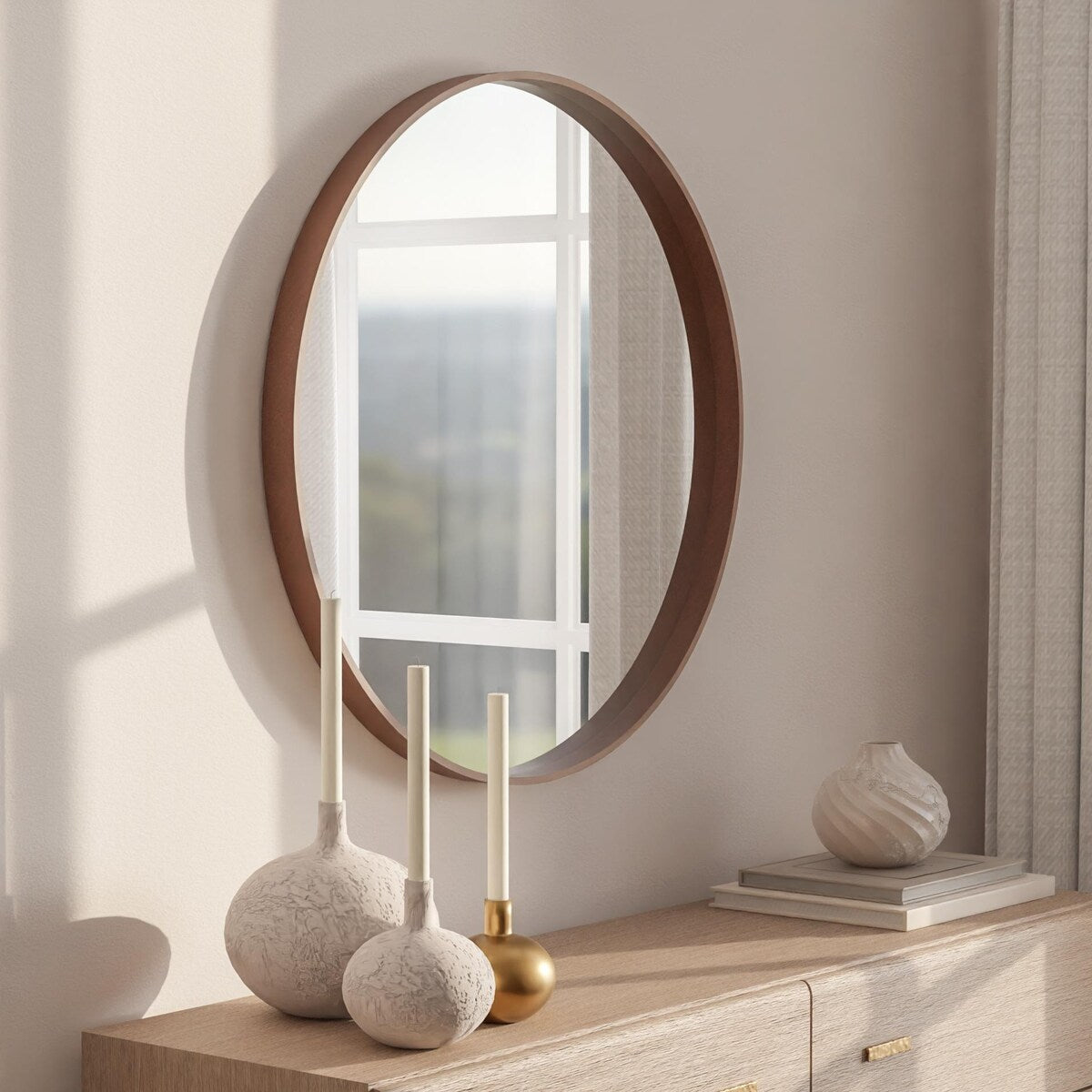 Miroir mural rond classique avec cadre en bois