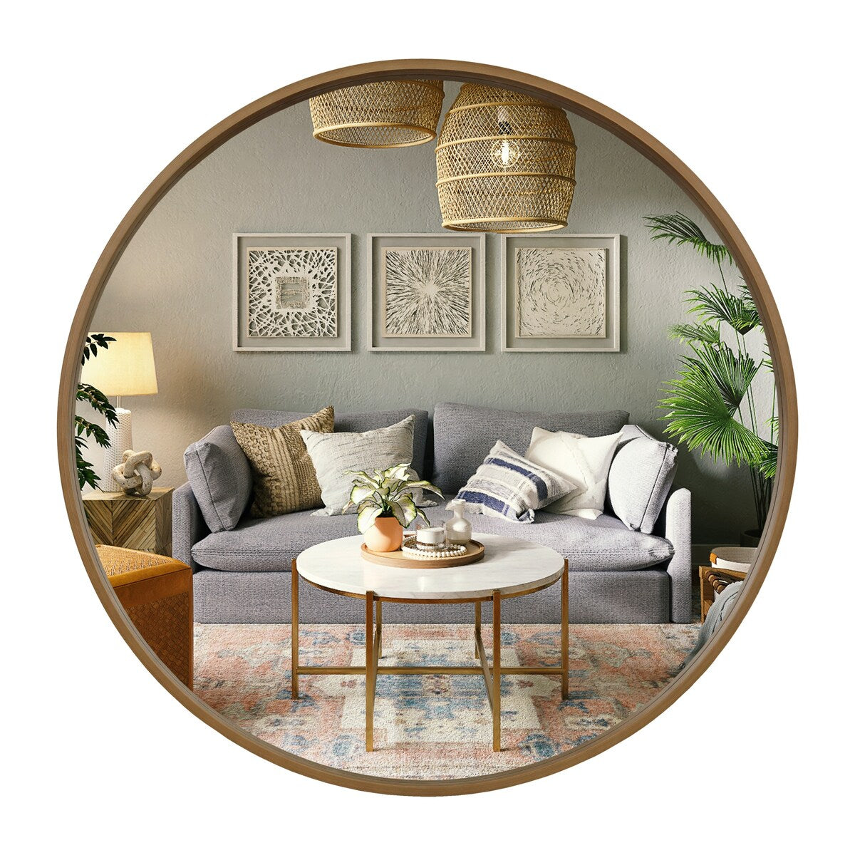 Miroir mural rond classique avec cadre en bois