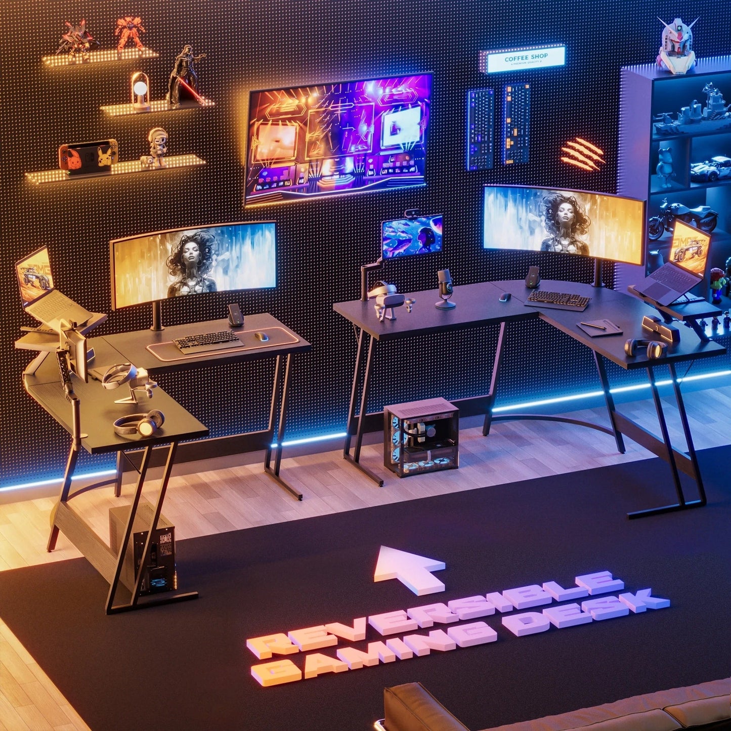 Bureau de jeu en L Homall, bureau d'angle pour ordinateur, bureau d'écriture