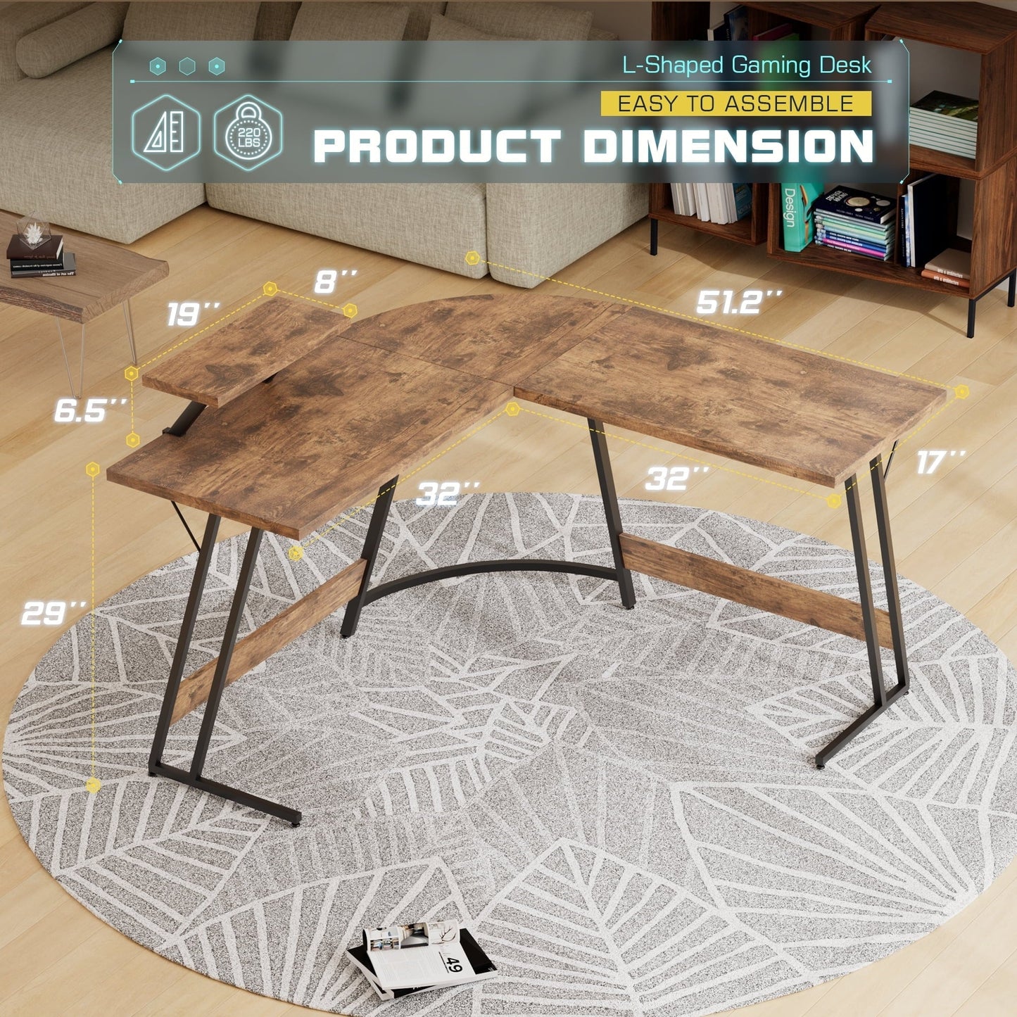 Bureau de jeu en L Homall, bureau d'angle pour ordinateur, bureau d'écriture