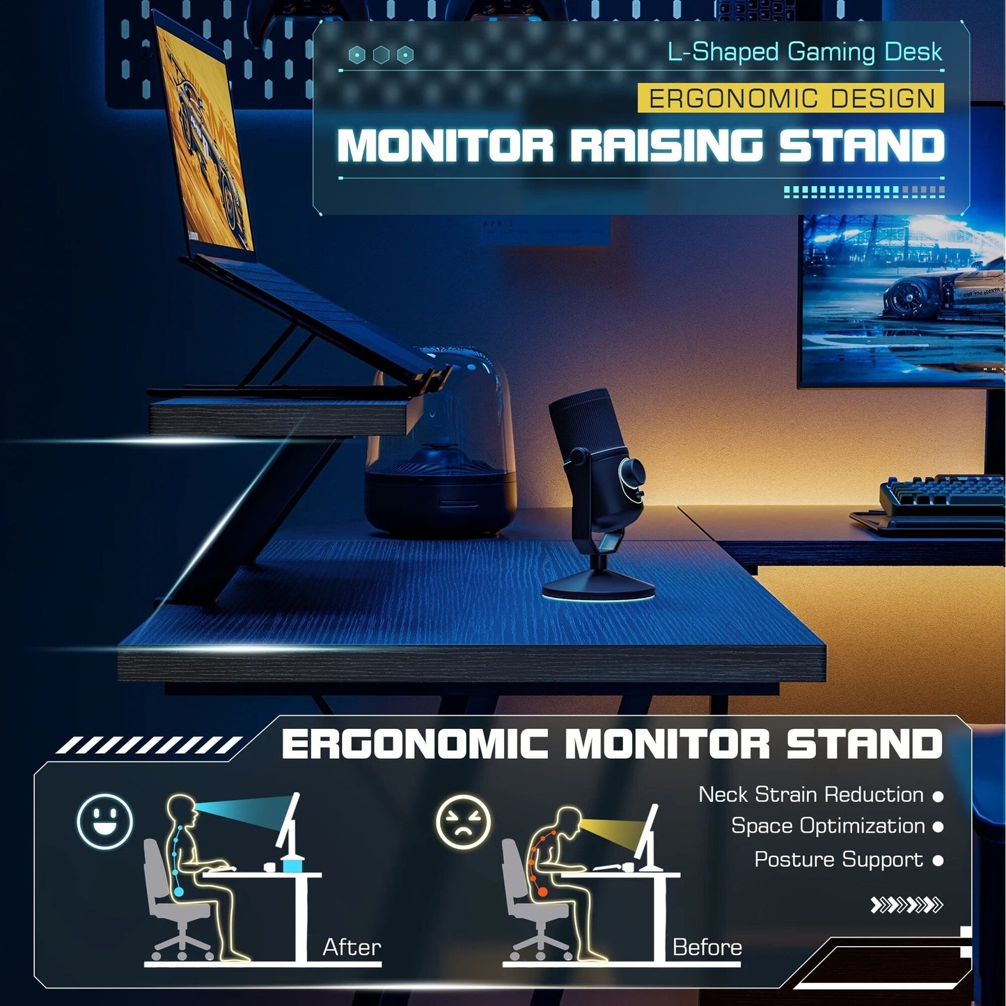 Bureau de jeu en L Homall, bureau d'angle pour ordinateur, bureau d'écriture