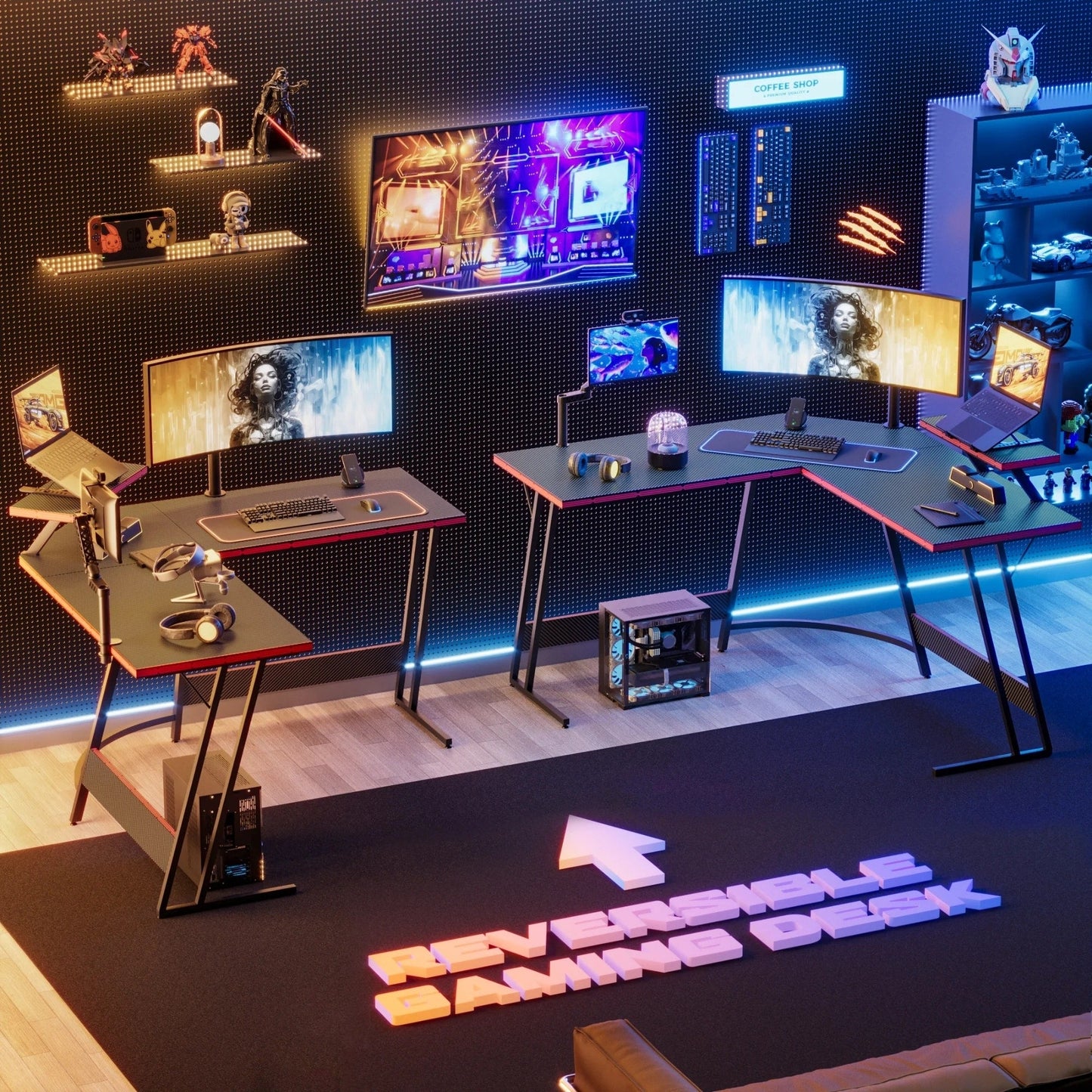 Bureau de jeu en L Homall, bureau d'angle pour ordinateur, bureau d'écriture