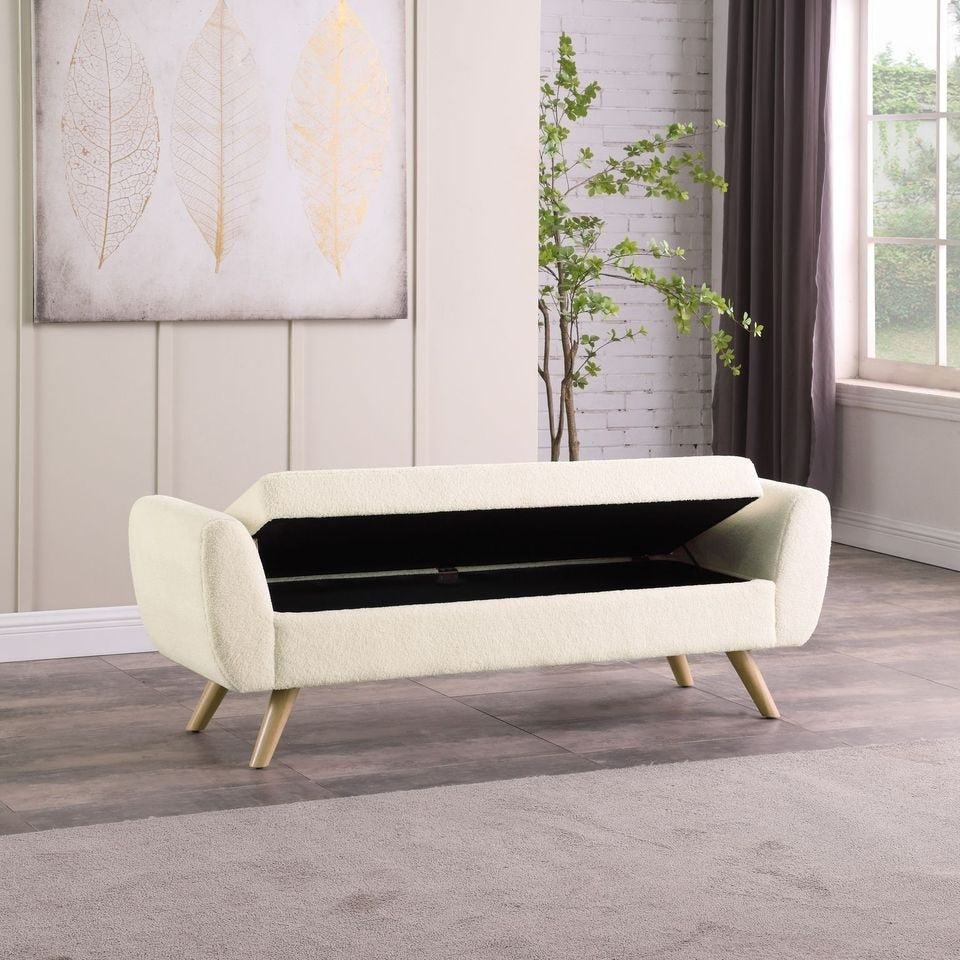 Banc de rangement moderne en sherpa avec pieds en bois HomePop