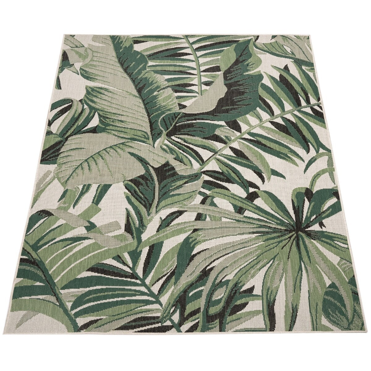 Tapis d'intérieur et d'extérieur à motif de feuilles de palmier tropicales pour terrasse, coloris vert et beige