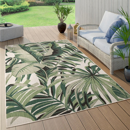 Tapis d'intérieur et d'extérieur à motif de feuilles de palmier tropicales pour terrasse, coloris vert et beige