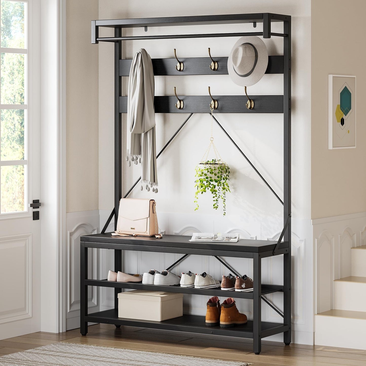 Portemanteau d'entrée industriel avec banc à chaussures 3 en 1 fonctionnel