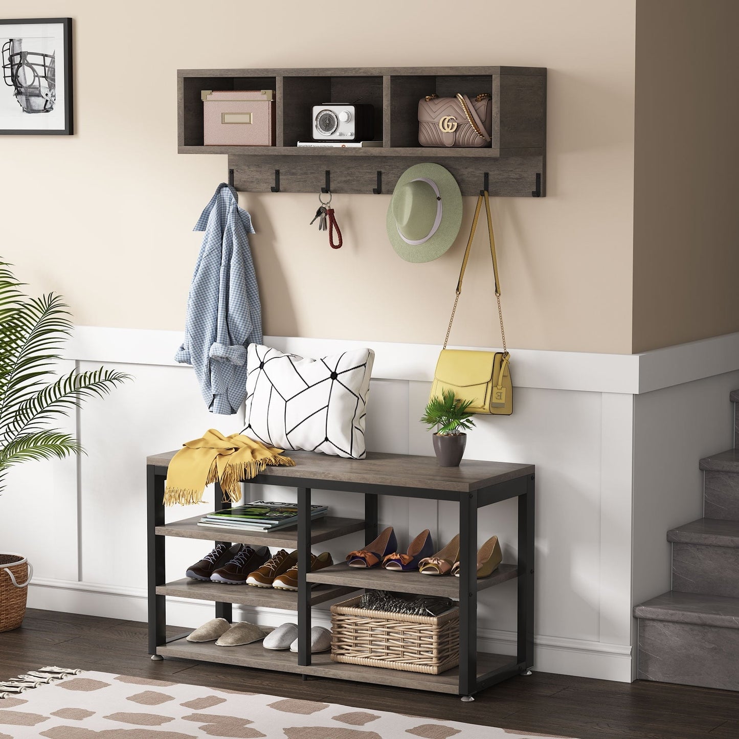 Ensemble de porte-manteaux et bancs à chaussures pour entrée, porte-manteaux et porte-chaussures industriel