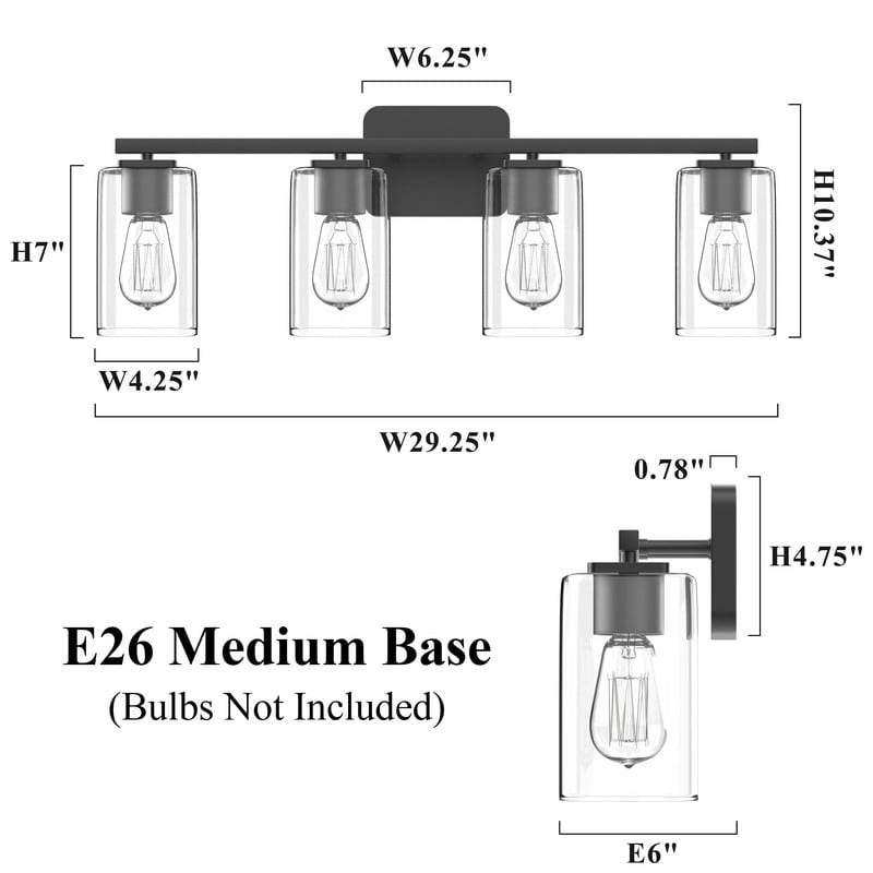 Applique de salle de bain moderne KAWOTI 29 pouces à 4 lumières avec abat-jour en verre transparent