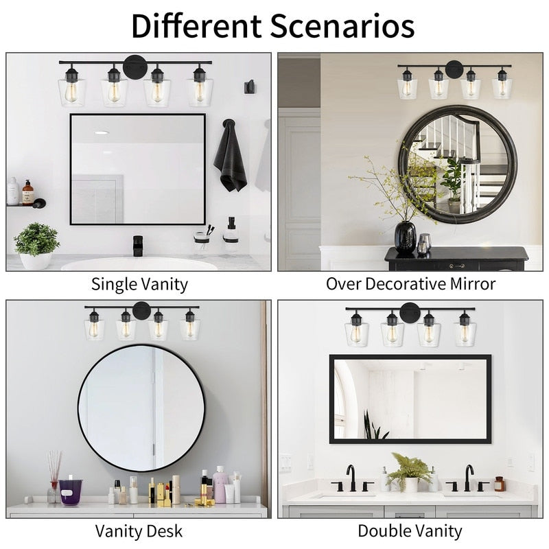 Applique de salle de bain KAWOTI à 4 lampes en métal à intensité variable avec abat-jour en verre