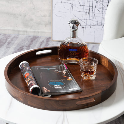 Plateau de service rond en bois de noyer noir KINWELL avec poignées