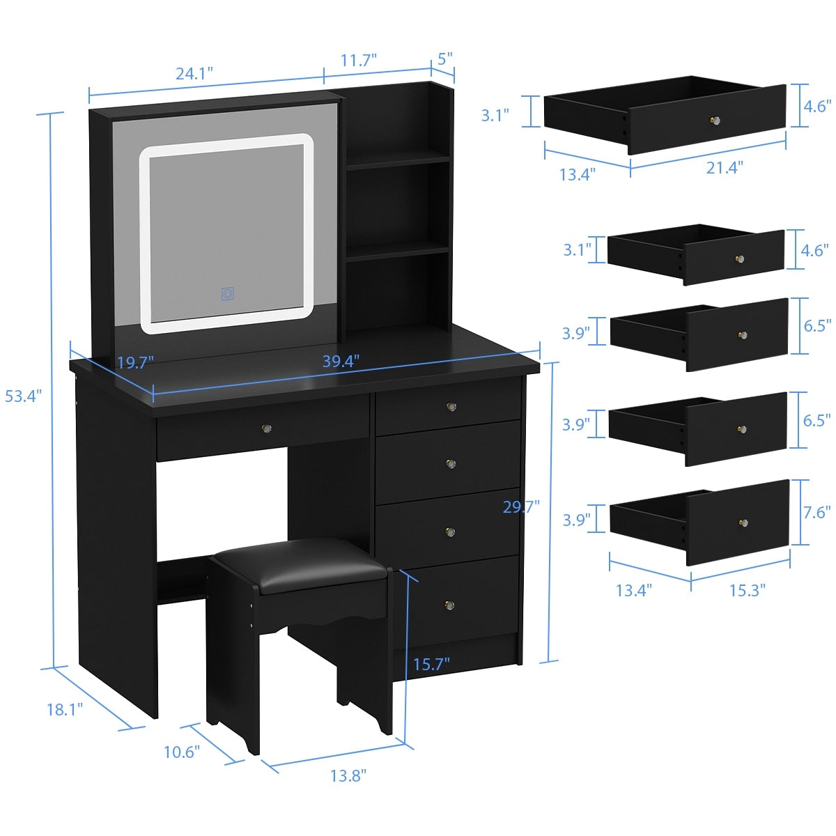 Coiffeuse Kerrogee avec miroir éclairé réglable et tabouret - 39,4 L x 19,7 l x 53,5 H