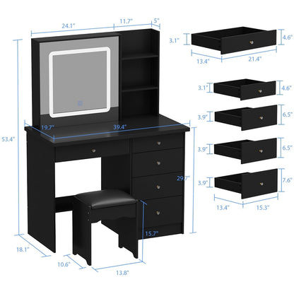 Coiffeuse Kerrogee avec miroir éclairé réglable et tabouret - 39,4 L x 19,7 l x 53,5 H