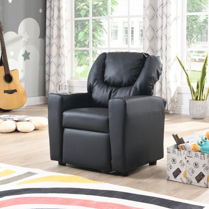 Fauteuil inclinable pour enfant en PVC noir, durable, avec porte-gobelet, design ergonomique, assemblage facile, capacité de 150 lb