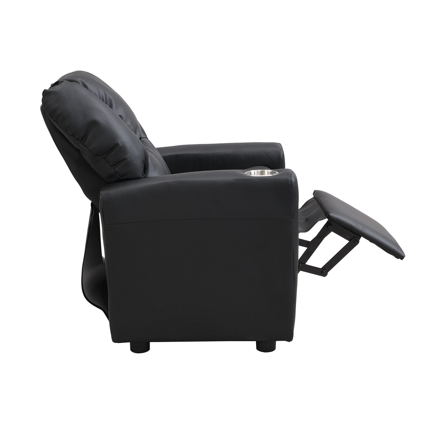 Fauteuil inclinable pour enfant en PVC noir, durable, avec porte-gobelet, design ergonomique, assemblage facile, capacité de 150 lb