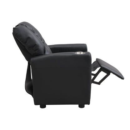Fauteuil inclinable pour enfant en PVC noir, durable, avec porte-gobelet, design ergonomique, assemblage facile, capacité de 150 lb