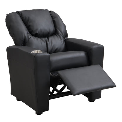 Fauteuil inclinable pour enfant en PVC noir, durable, avec porte-gobelet, design ergonomique, assemblage facile, capacité de 150 lb