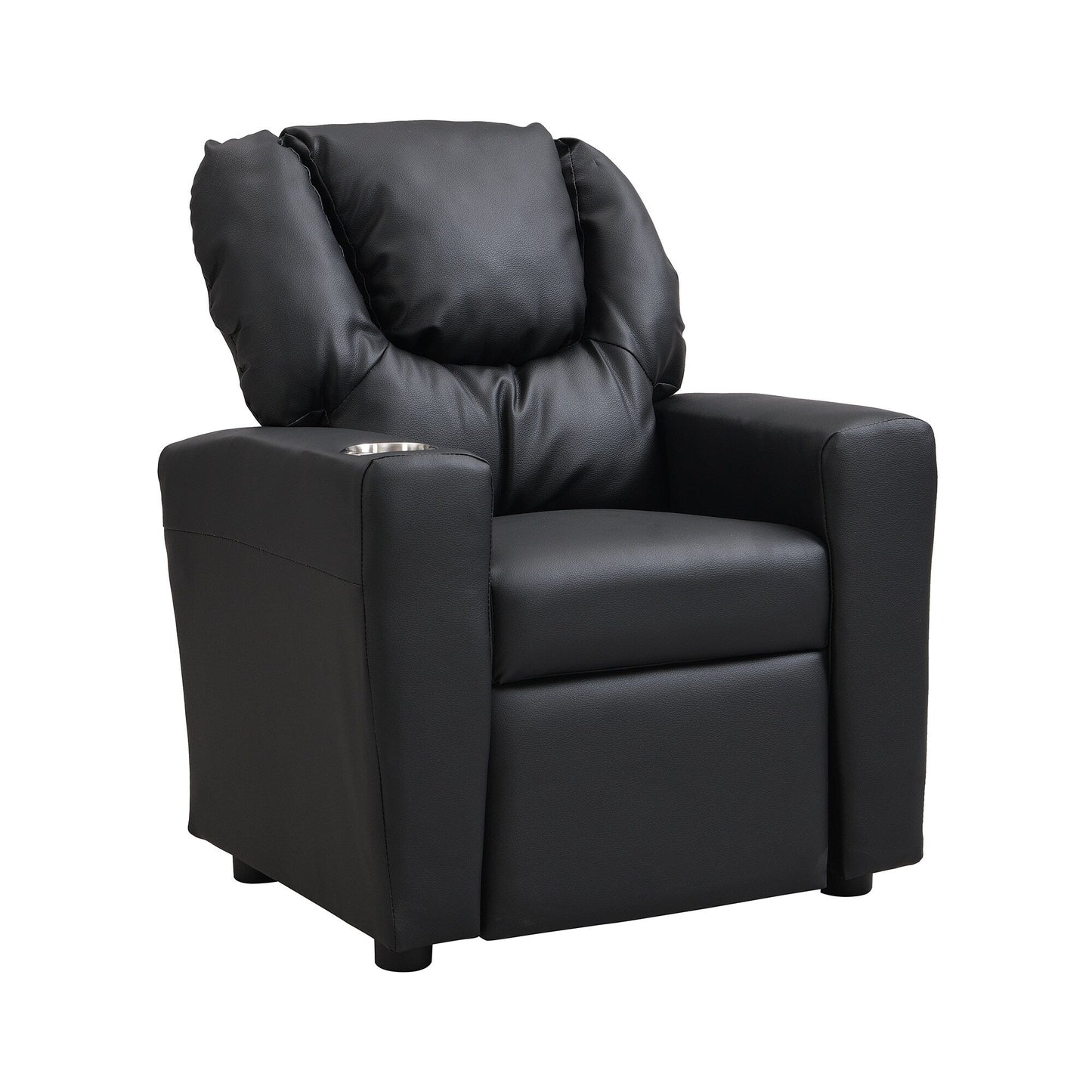 Fauteuil inclinable pour enfant en PVC noir, durable, avec porte-gobelet, design ergonomique, assemblage facile, capacité de 150 lb